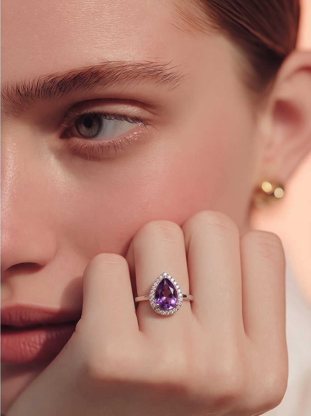 Elegant Natural Teardrop Amethyst and Crystal Ring 925 Silver Size 7